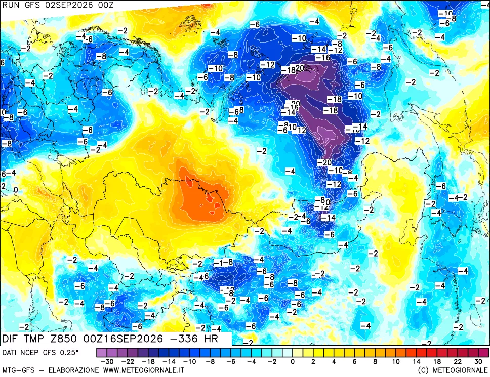 mappa Dif. Temp a 850 hPa Valid - Init
