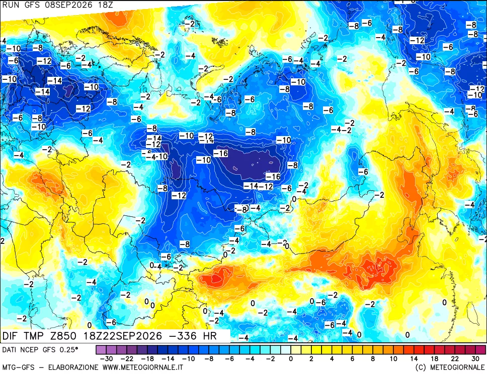 mappa Dif. Temp a 850 hPa Valid - Init