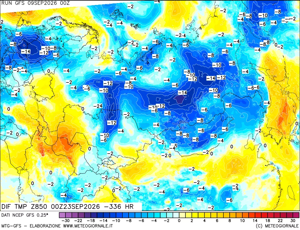 mappa Dif. Temp a 850 hPa Valid - Init