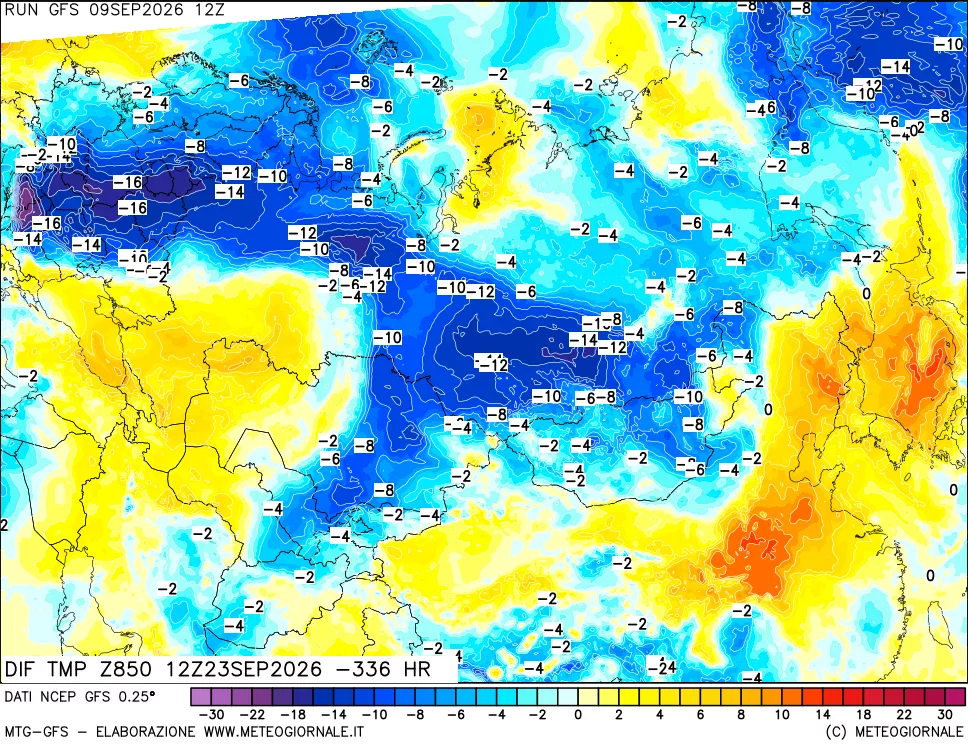 mappa Dif. Temp a 850 hPa Valid - Init