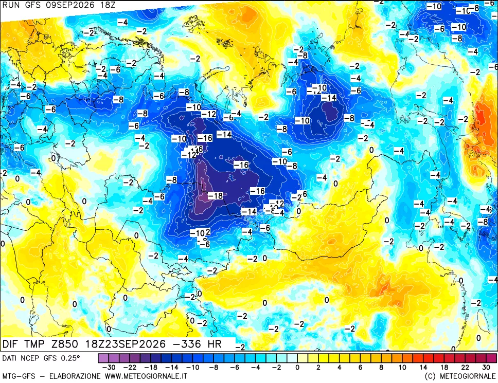 mappa Dif. Temp a 850 hPa Valid - Init