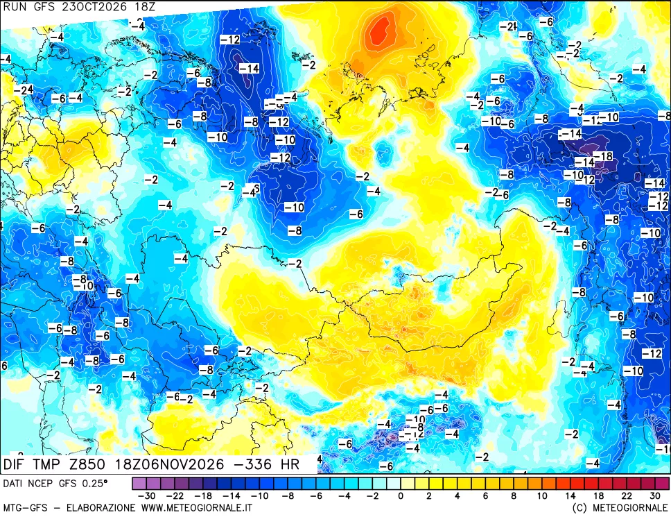 mappa Dif. Temp a 850 hPa Valid - Init