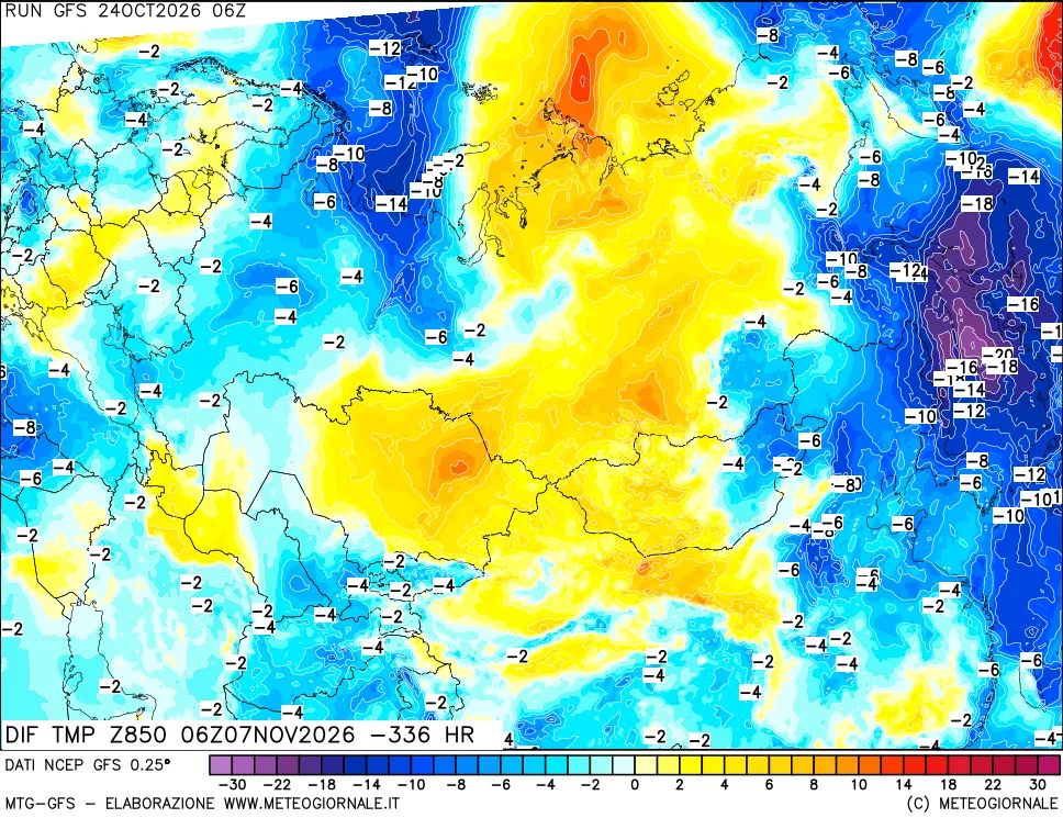 mappa Dif. Temp a 850 hPa Valid - Init