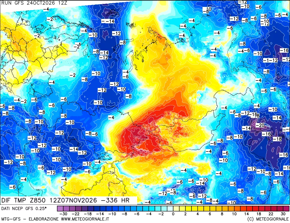 mappa Dif. Temp a 850 hPa Valid - Init