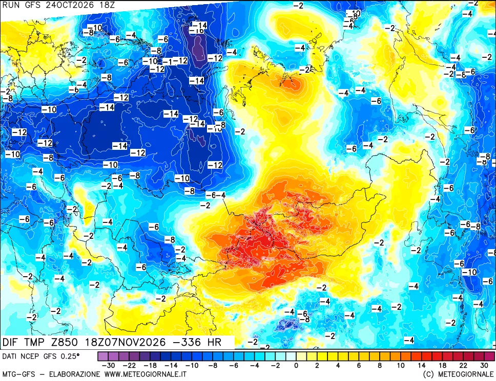 mappa Dif. Temp a 850 hPa Valid - Init