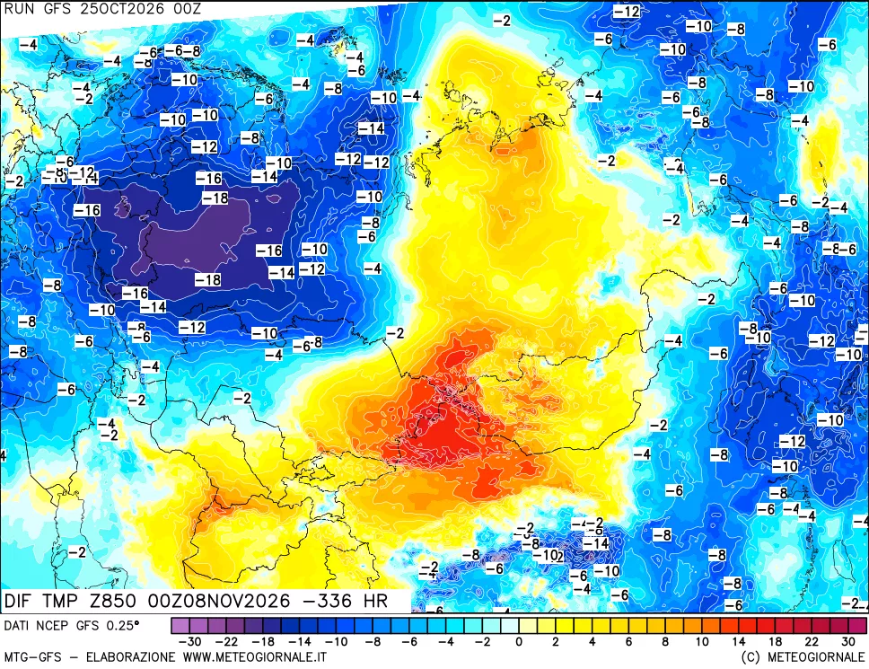 mappa Dif. Temp a 850 hPa Valid - Init