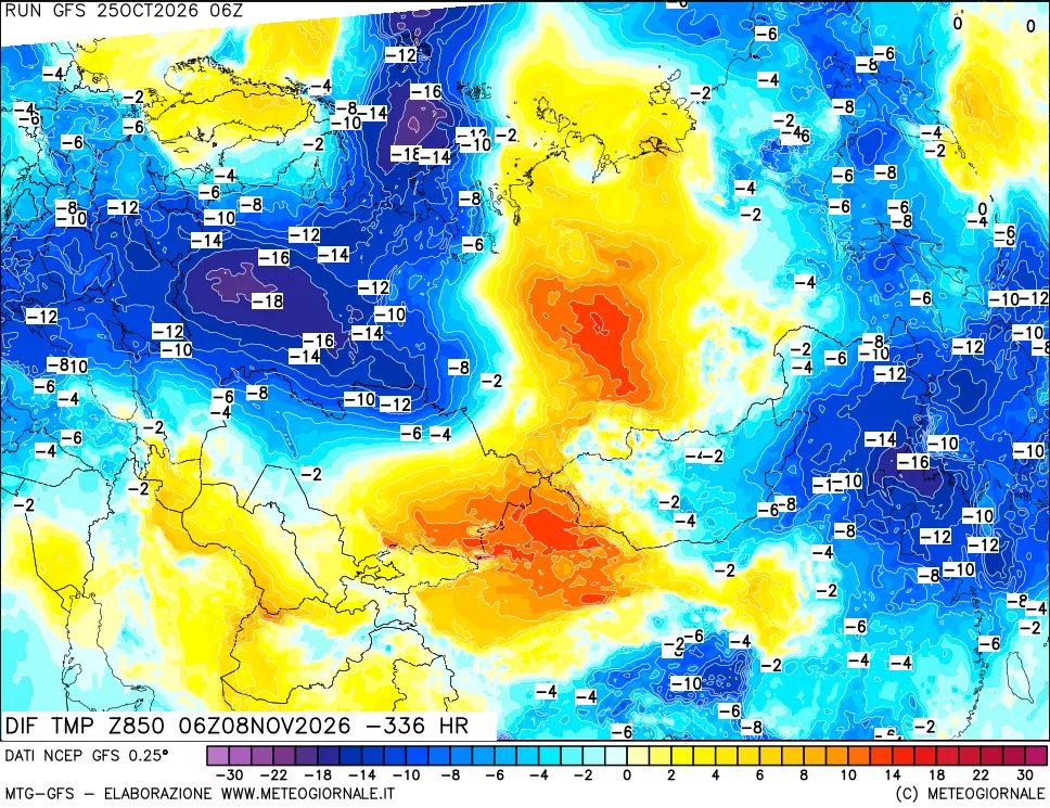 mappa Dif. Temp a 850 hPa Valid - Init