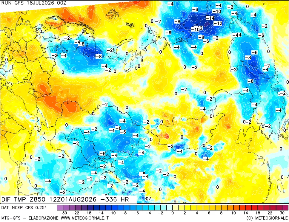 mappa Dif. Temp a 850 hPa Valid - Init