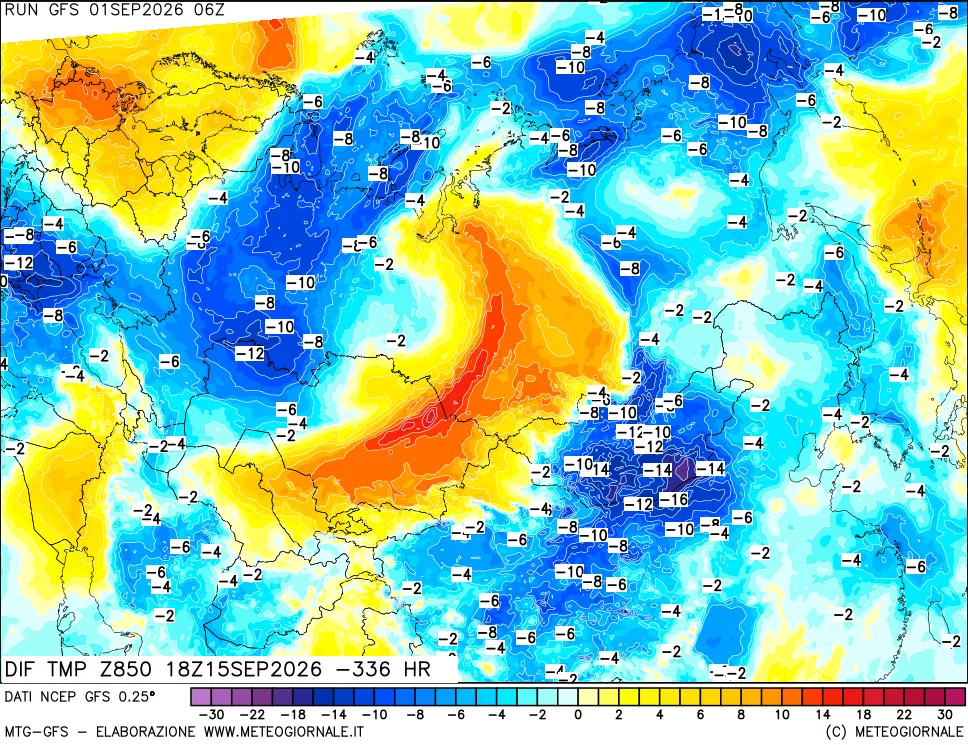 mappa Dif. Temp a 850 hPa Valid - Init