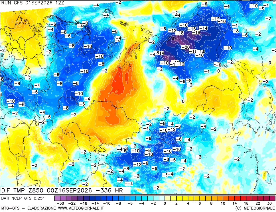mappa Dif. Temp a 850 hPa Valid - Init