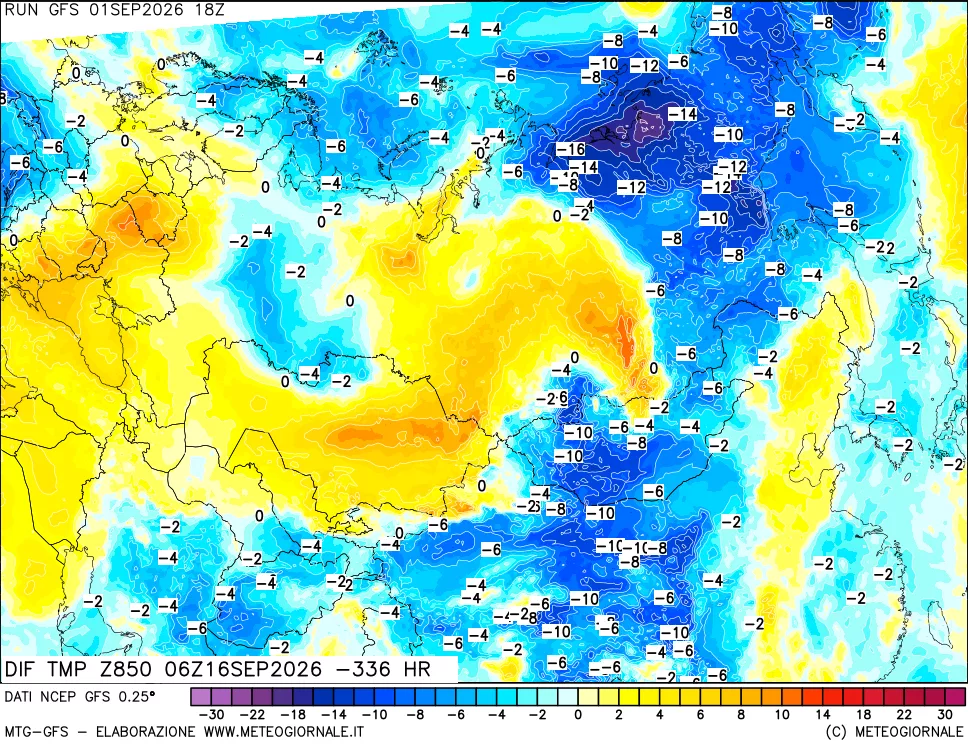mappa Dif. Temp a 850 hPa Valid - Init