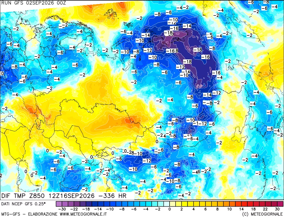 mappa Dif. Temp a 850 hPa Valid - Init