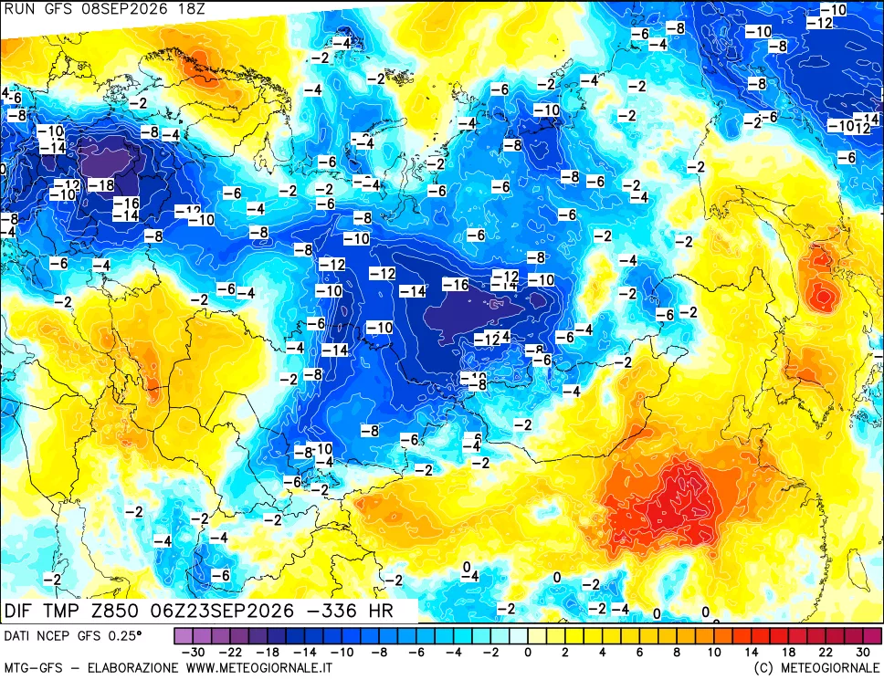 mappa Dif. Temp a 850 hPa Valid - Init