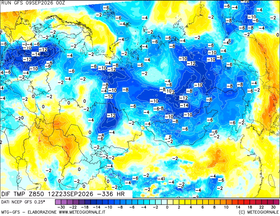 mappa Dif. Temp a 850 hPa Valid - Init
