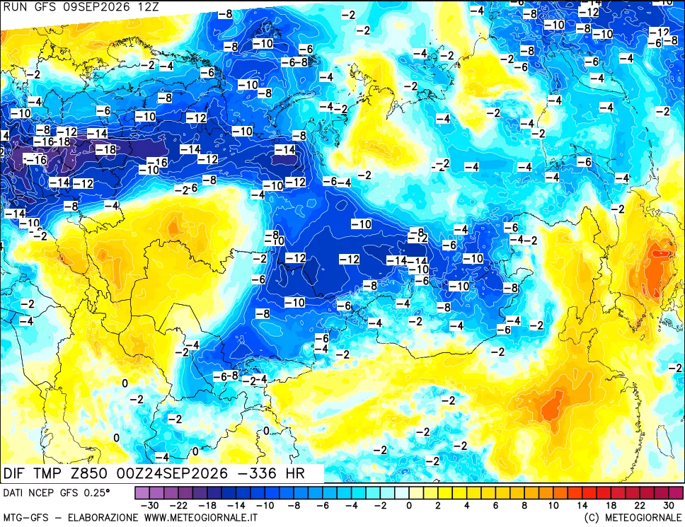 mappa Dif. Temp a 850 hPa Valid - Init