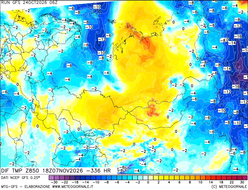 mappa Dif. Temp a 850 hPa Valid - Init