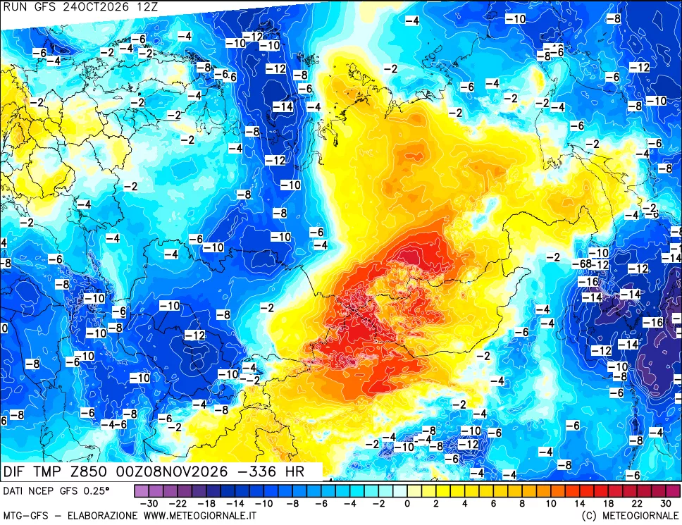 mappa Dif. Temp a 850 hPa Valid - Init