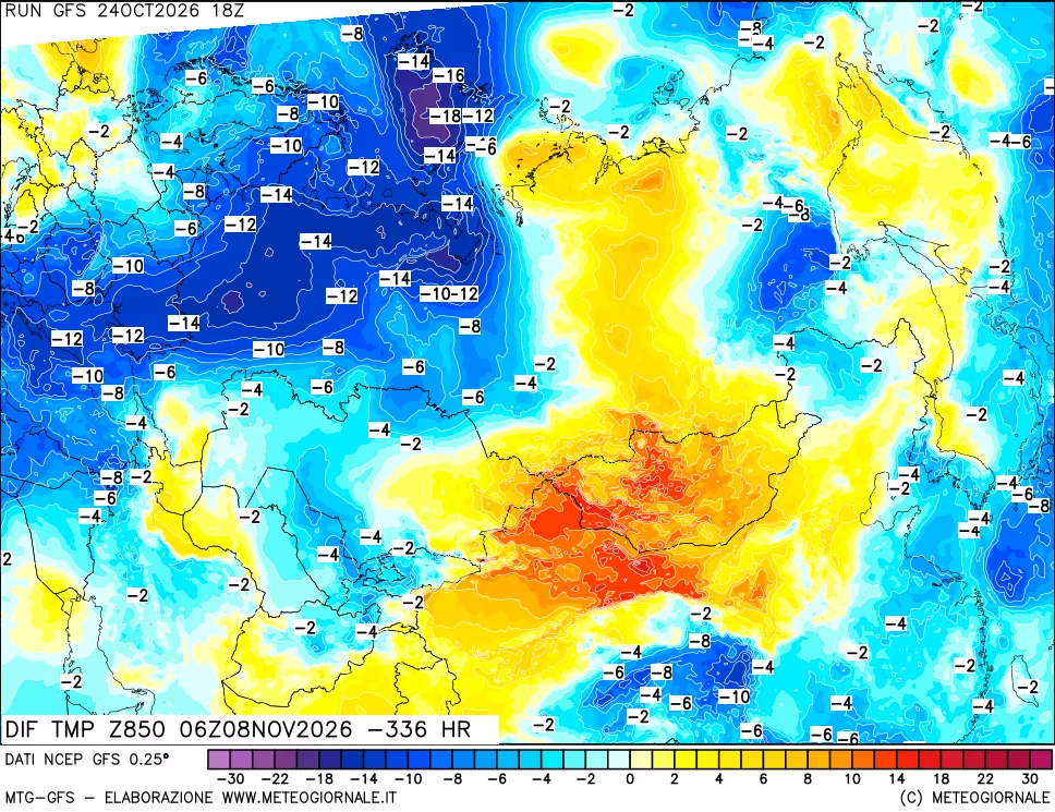 mappa Dif. Temp a 850 hPa Valid - Init