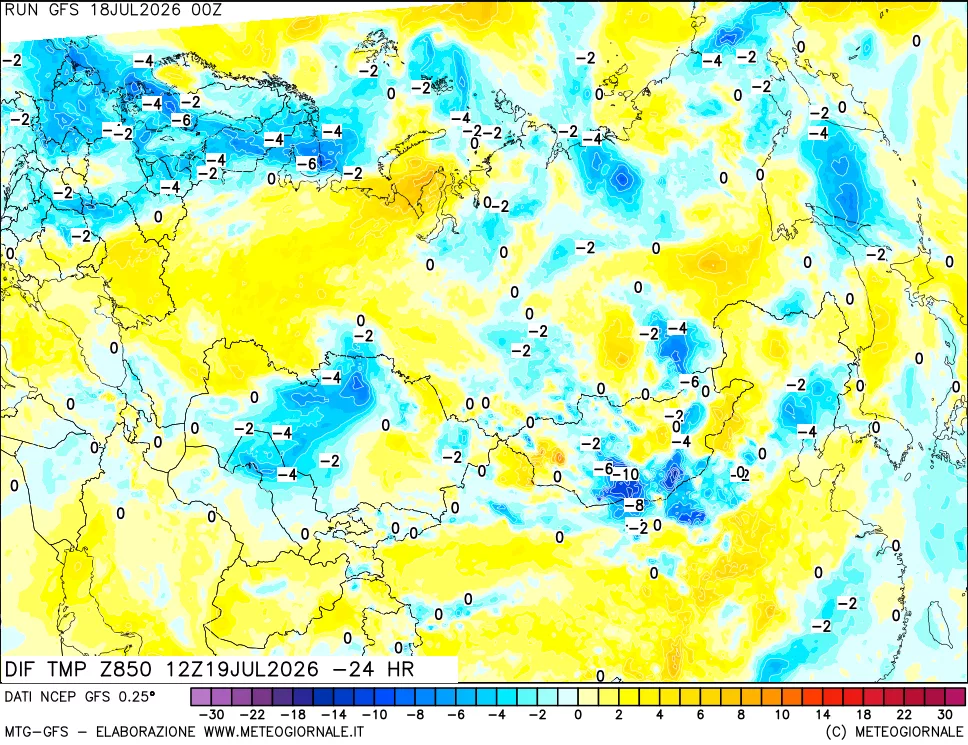 mappa Dif. Temp a 850 hPa Valid - Init