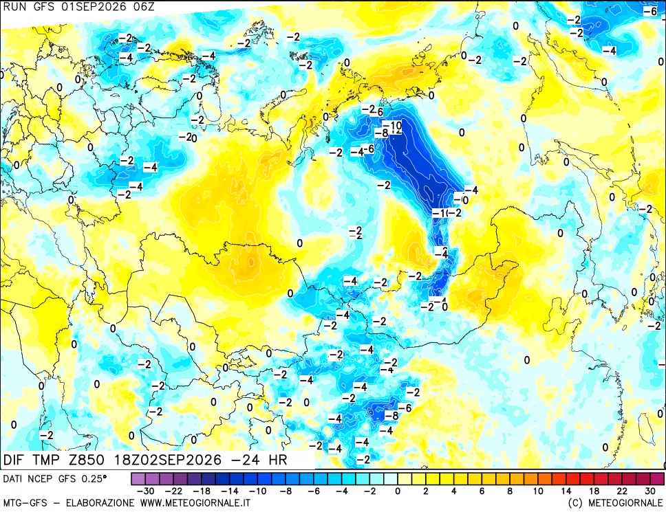 mappa Dif. Temp a 850 hPa Valid - Init