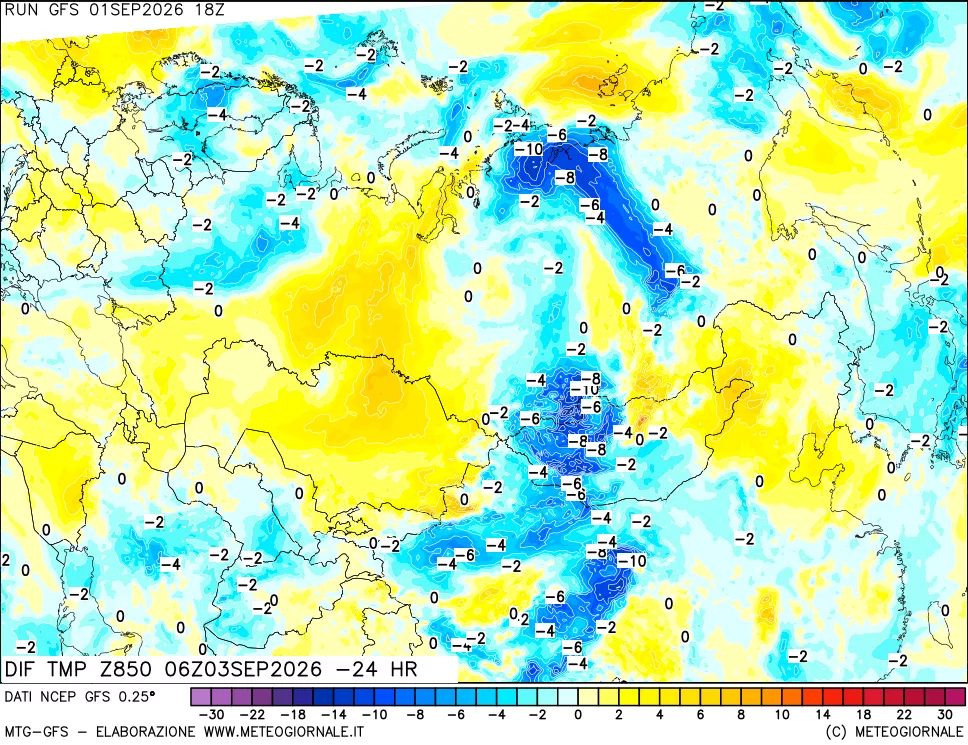 mappa Dif. Temp a 850 hPa Valid - Init