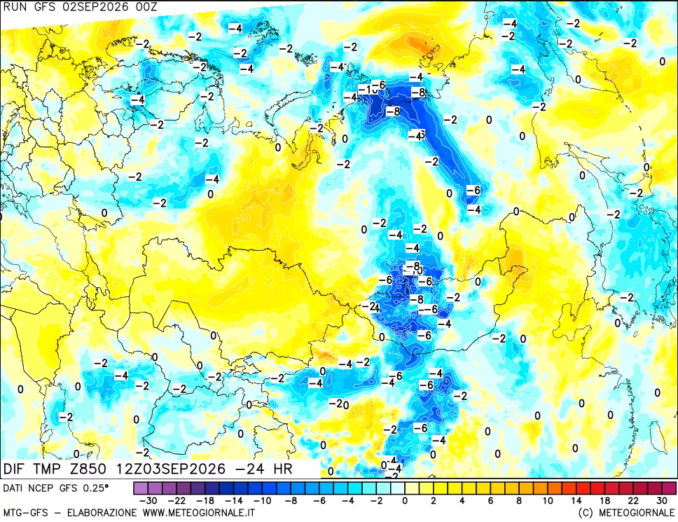 mappa Dif. Temp a 850 hPa Valid - Init