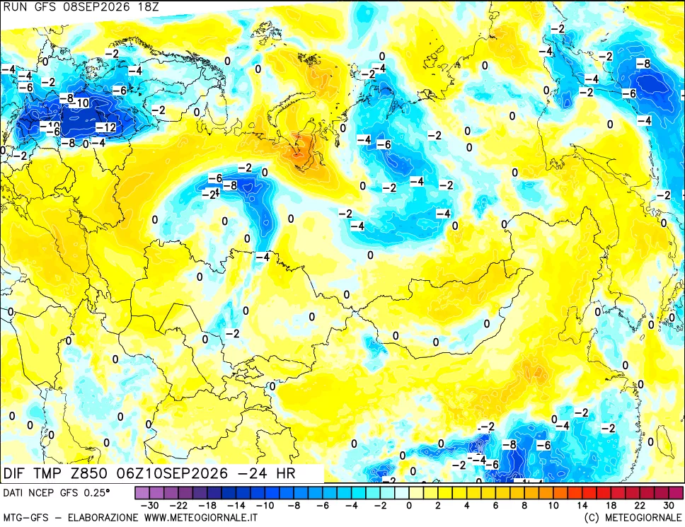 mappa Dif. Temp a 850 hPa Valid - Init