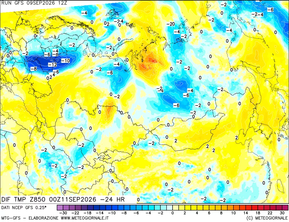mappa Dif. Temp a 850 hPa Valid - Init