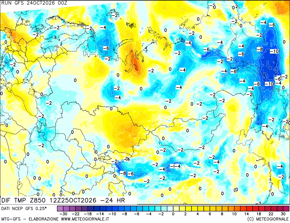 mappa Dif. Temp a 850 hPa Valid - Init