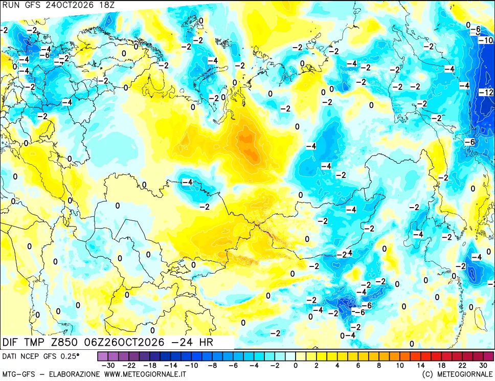 mappa Dif. Temp a 850 hPa Valid - Init