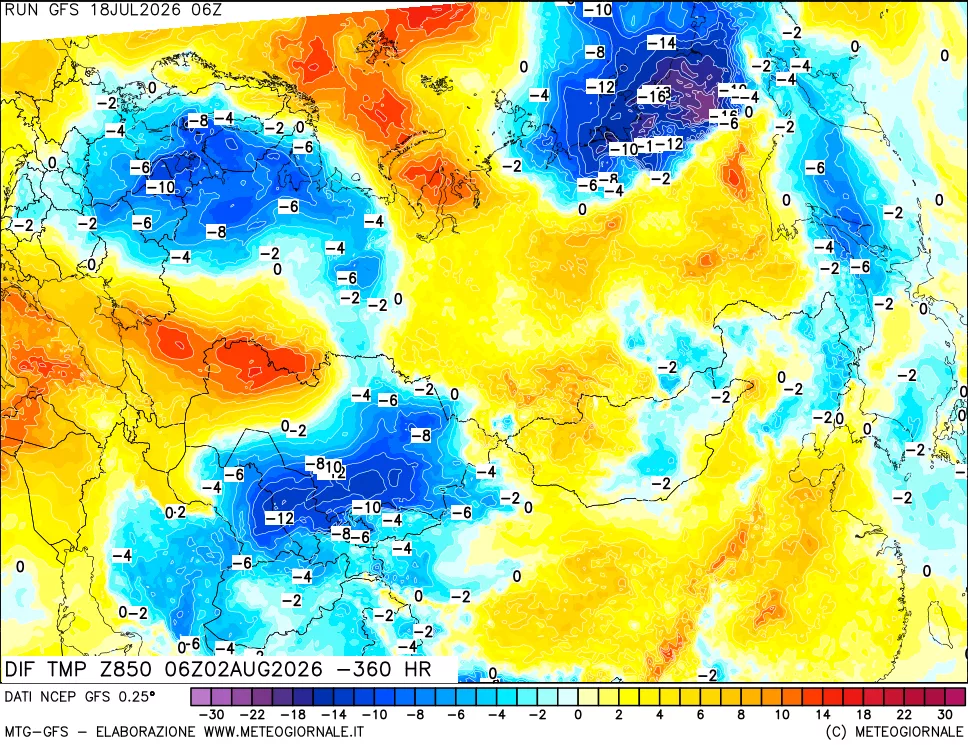 mappa Dif. Temp a 850 hPa Valid - Init