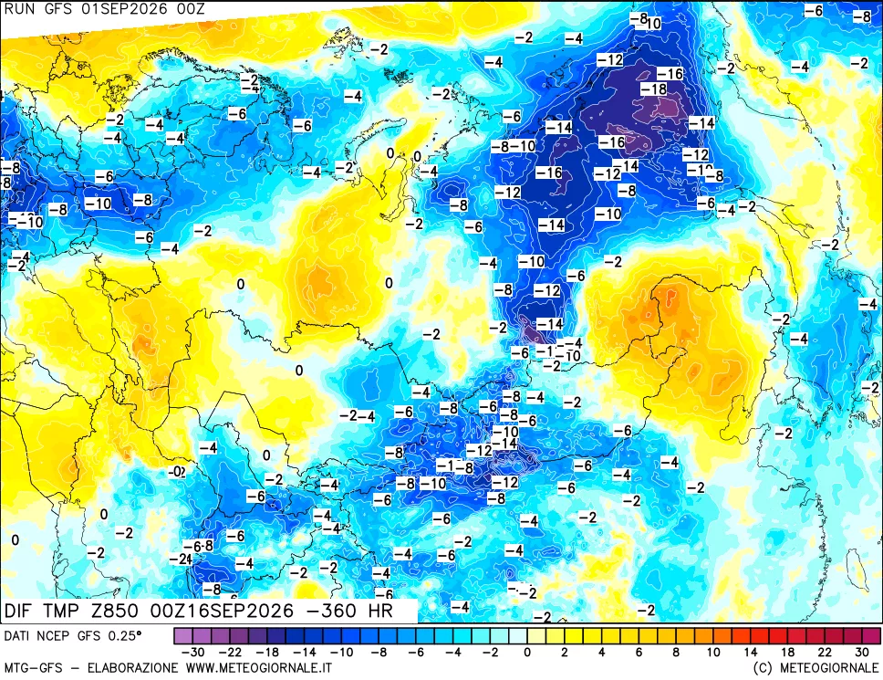 mappa Dif. Temp a 850 hPa Valid - Init