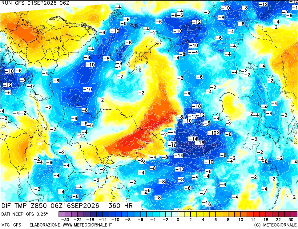 mappa Dif. Temp a 850 hPa Valid - Init