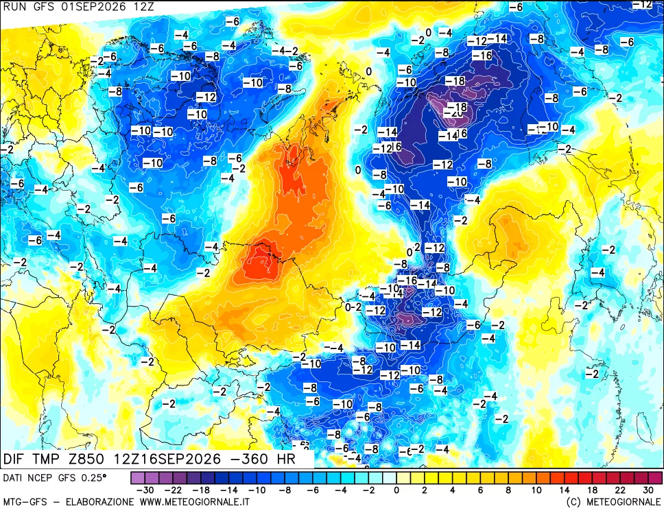 mappa Dif. Temp a 850 hPa Valid - Init
