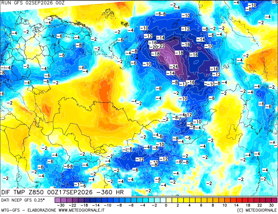 mappa Dif. Temp a 850 hPa Valid - Init
