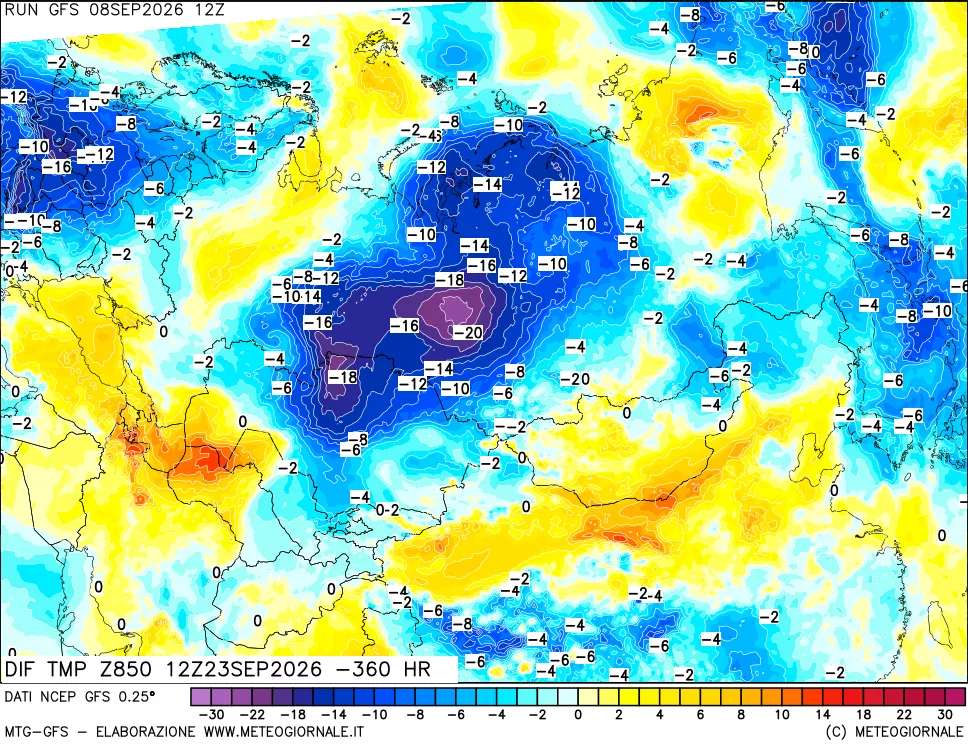 mappa Dif. Temp a 850 hPa Valid - Init