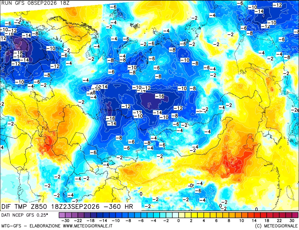 mappa Dif. Temp a 850 hPa Valid - Init