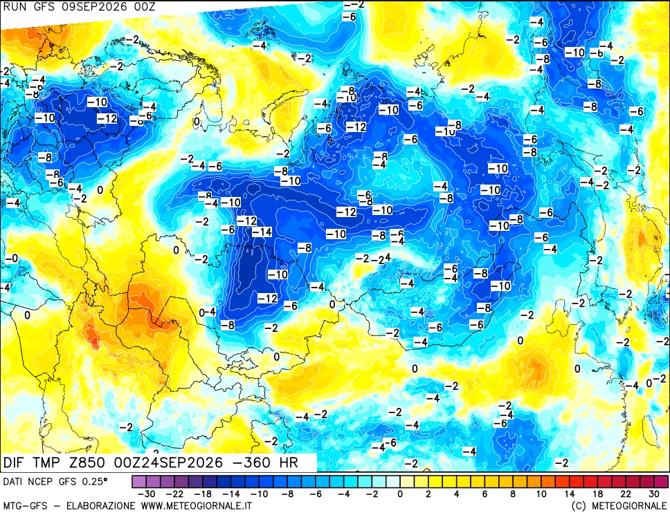 mappa Dif. Temp a 850 hPa Valid - Init