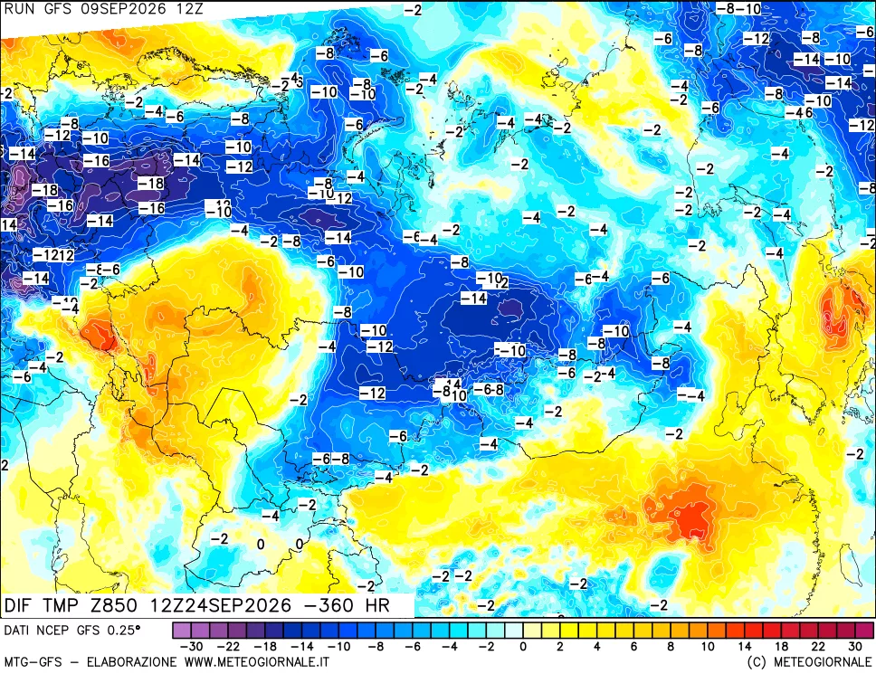 mappa Dif. Temp a 850 hPa Valid - Init