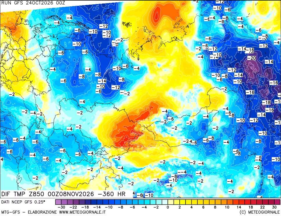 mappa Dif. Temp a 850 hPa Valid - Init