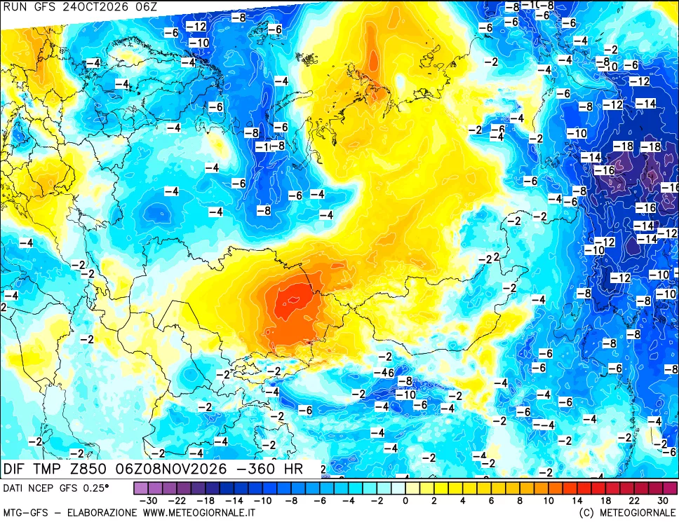 mappa Dif. Temp a 850 hPa Valid - Init