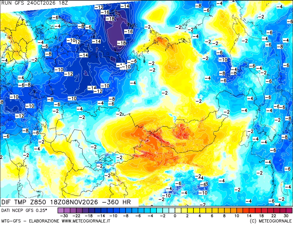 mappa Dif. Temp a 850 hPa Valid - Init