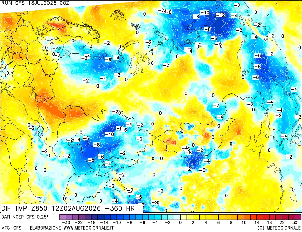 mappa Dif. Temp a 850 hPa Valid - Init