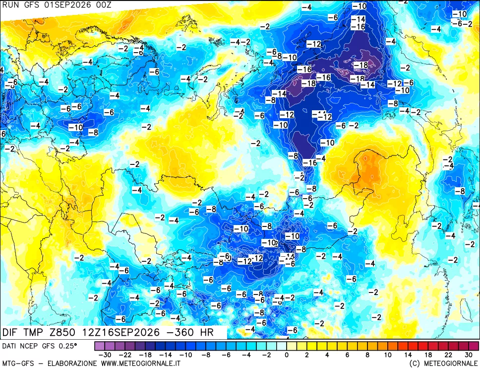 mappa Dif. Temp a 850 hPa Valid - Init