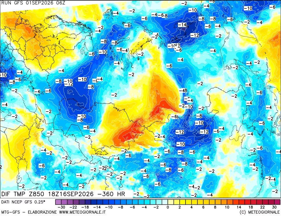 mappa Dif. Temp a 850 hPa Valid - Init