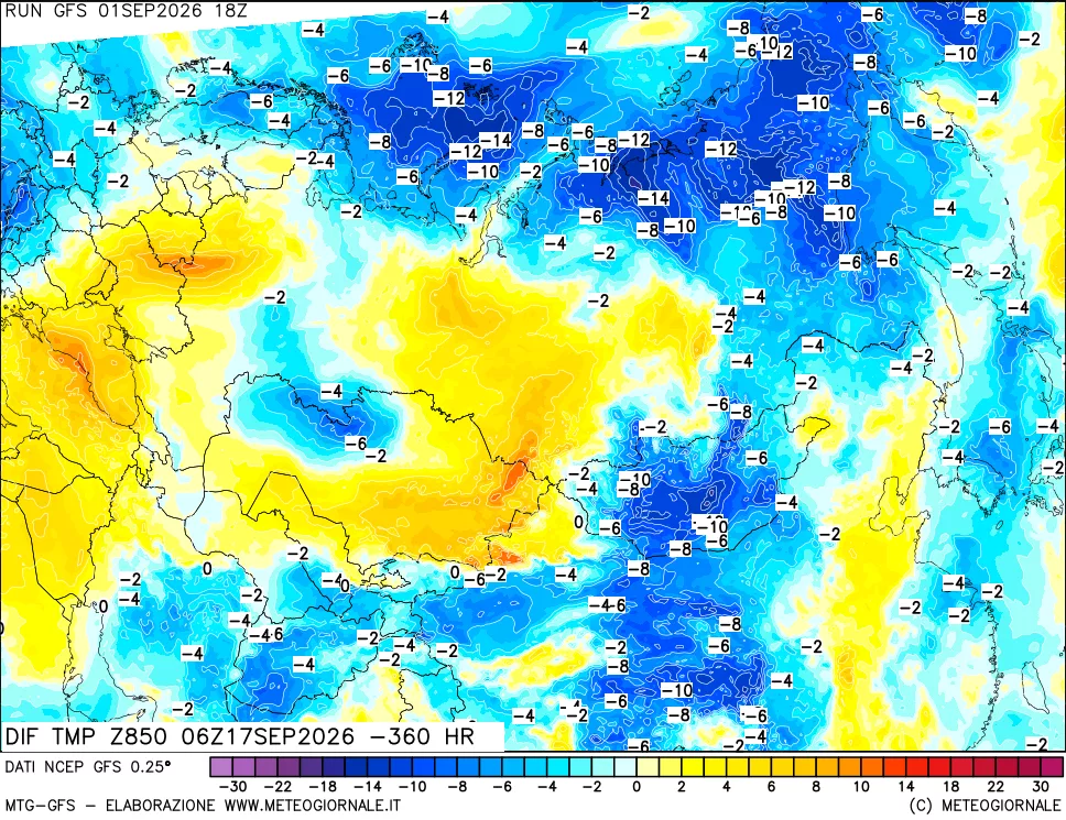 mappa Dif. Temp a 850 hPa Valid - Init