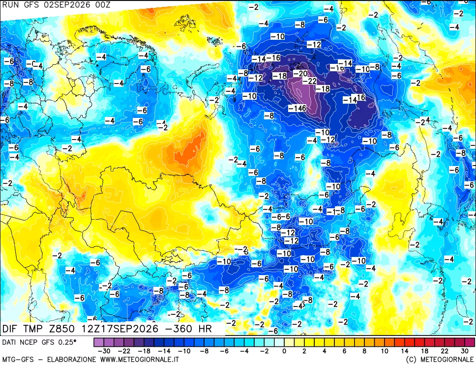 mappa Dif. Temp a 850 hPa Valid - Init