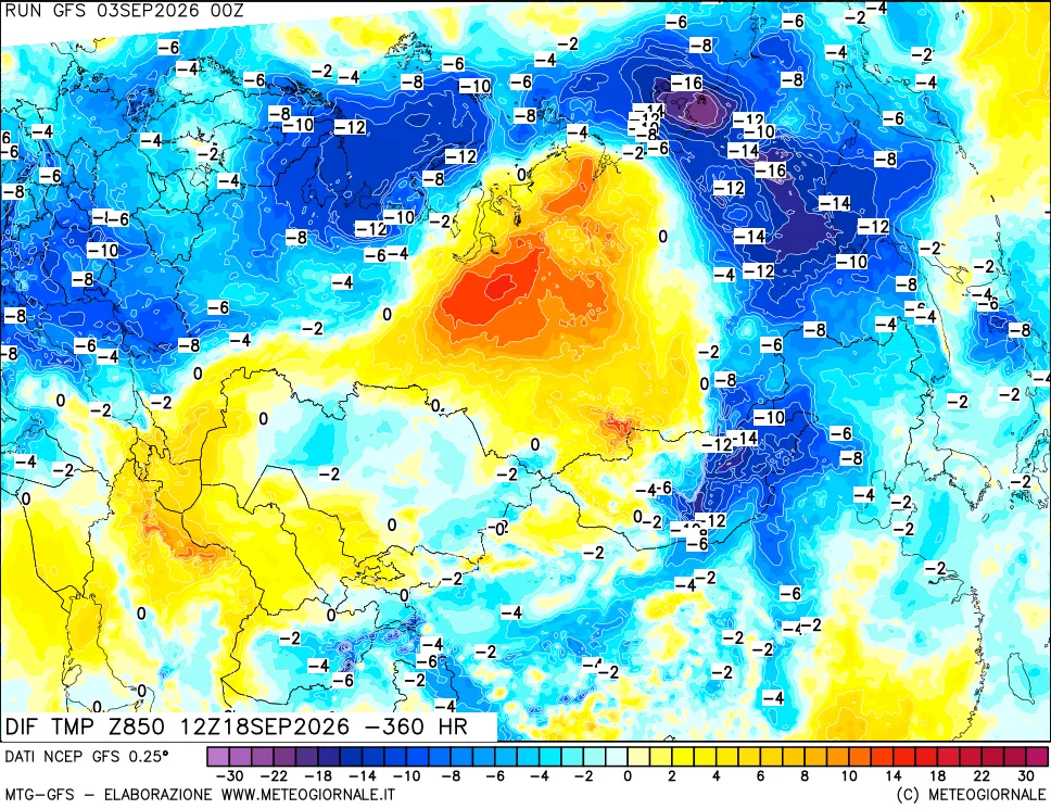 mappa Dif. Temp a 850 hPa Valid - Init