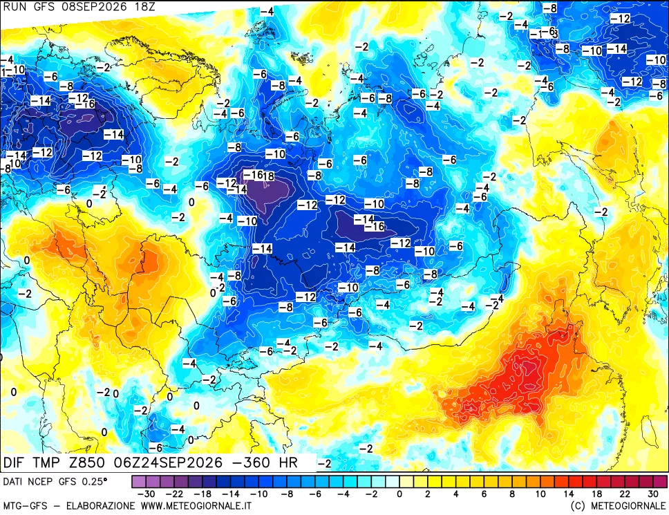 mappa Dif. Temp a 850 hPa Valid - Init
