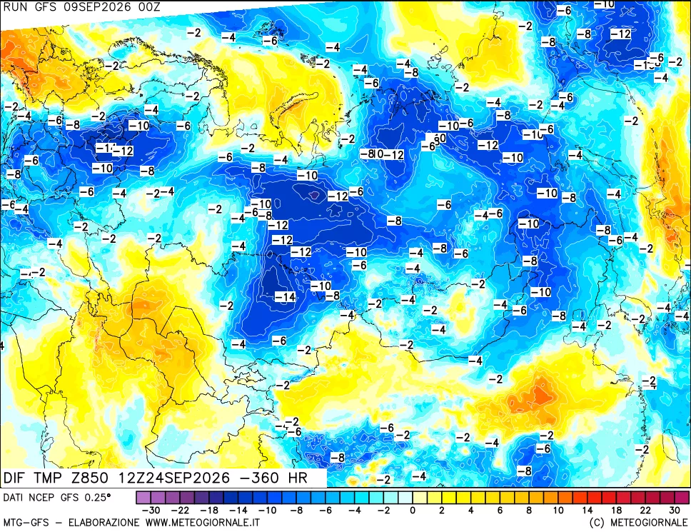 mappa Dif. Temp a 850 hPa Valid - Init